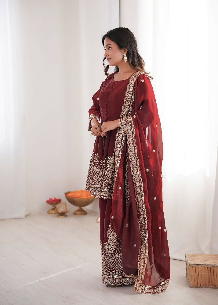 Teeya Creation Maroon Color Fendy Satin Silk Embroidery Work Party Wear Salwar Suit