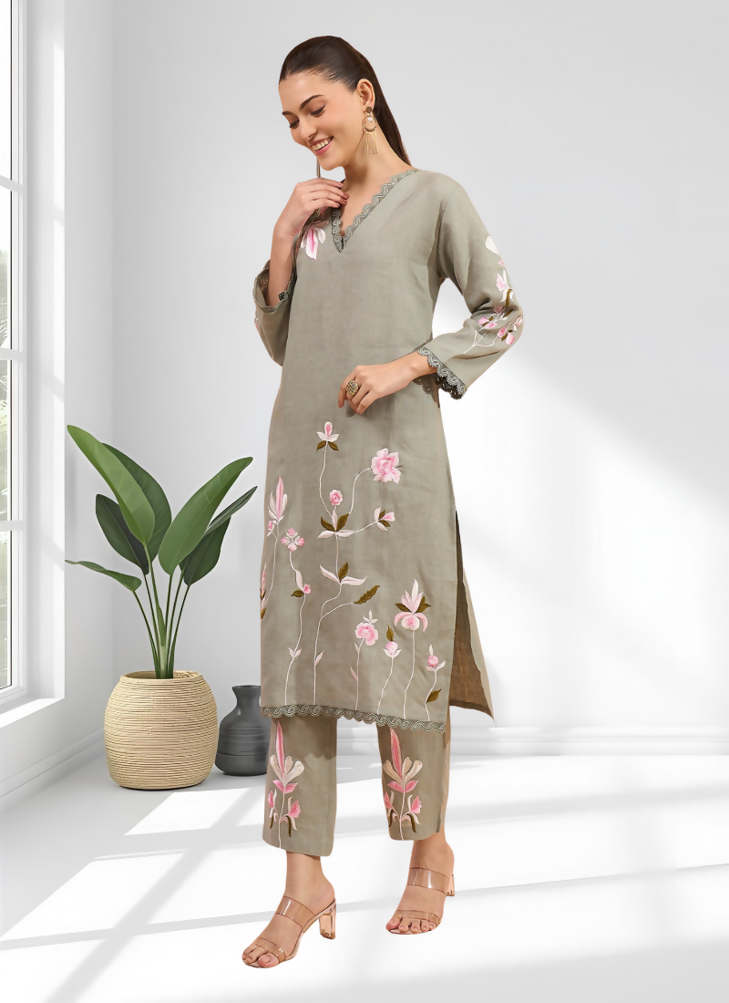 Joban Fashion Pista Green Linen Embroidered Readymade Long Kurta With Pant