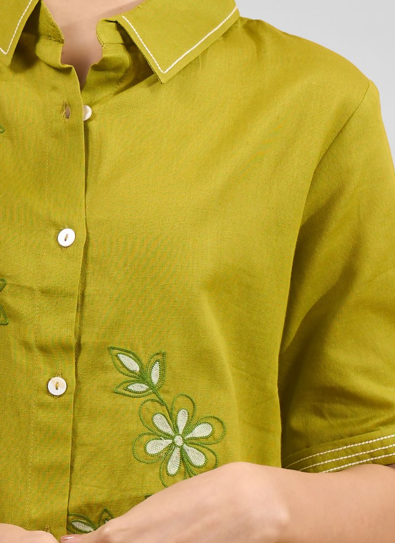 Joban Fashion Green Cotton, Linen Embroidered Readymade Cord Set