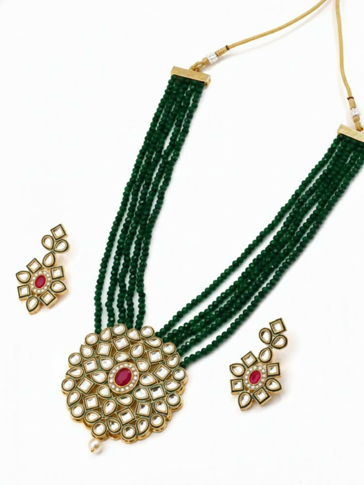 NVR Women Gold Plated Green Kundan Jewellery Set