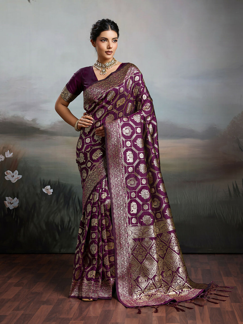 Shree Shyam Fashion Wine Silk Blend Saree