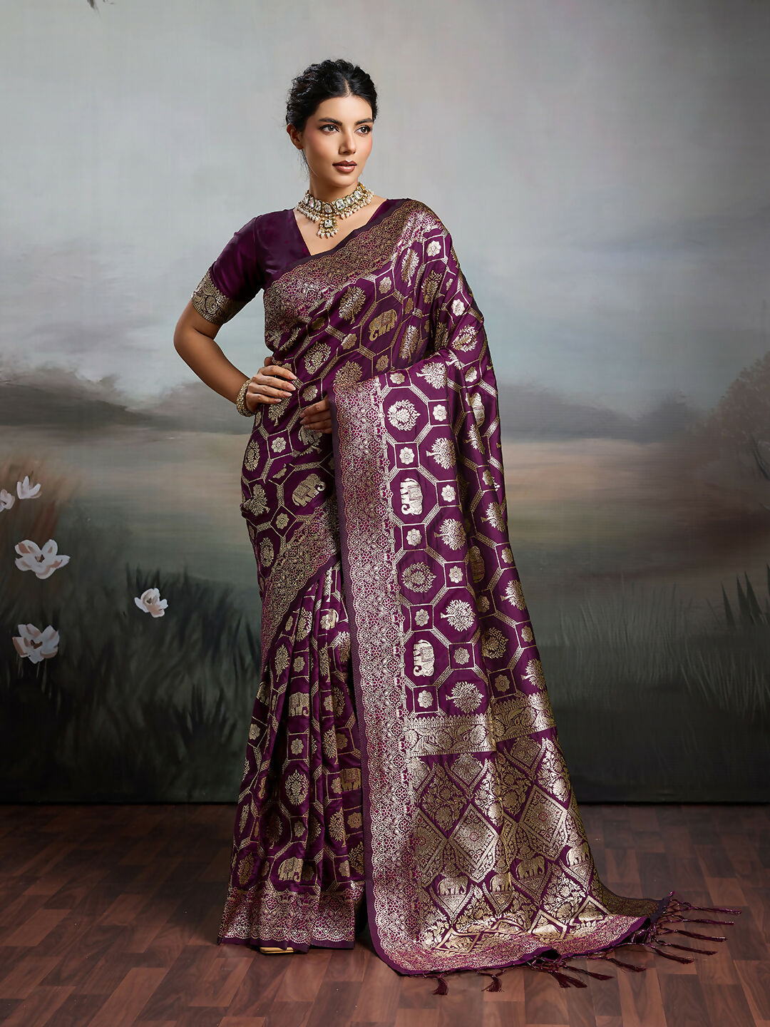 Shree Shyam Fashion Wine Silk Blend Saree