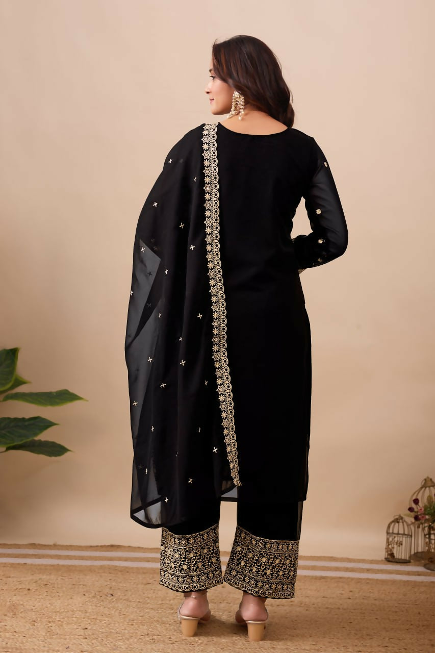 Joban Fashion Black Kurta Set Velvet Embroidery Sequence Work