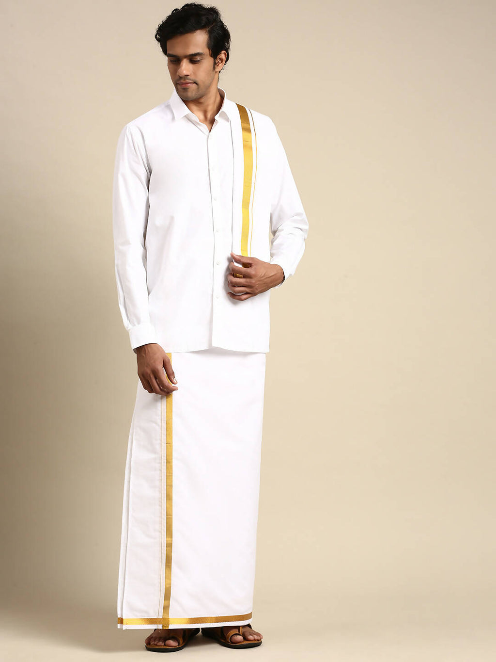 Ramraj Cotton Mens Premium Wedding Cotton White Dhoti with shirt Bit & Towel Set