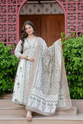 Jaimini Women Cotton Printed V-Neck 3/4 Sleeves Calf Length Flared Kurta Pant And Dupatta Set