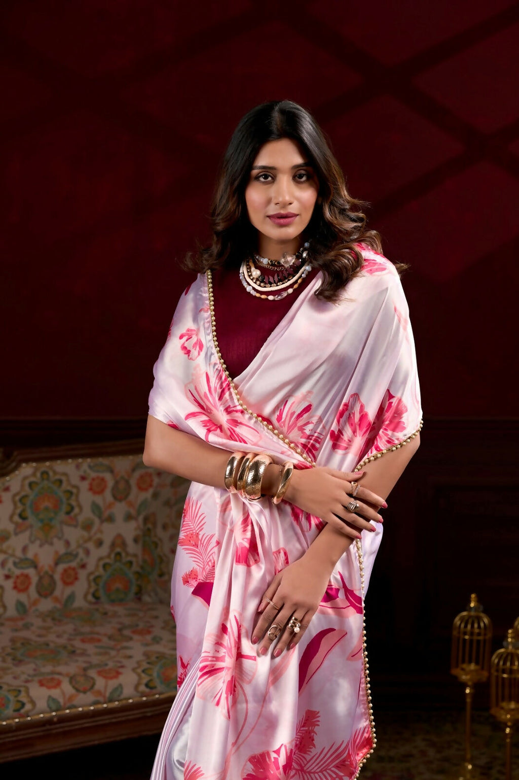 Vastranavya Baby Pink Satin Silk Floral Printed with Pearl Lace Saree with Unstitched Blouse