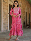 Juniper Women's Fuschia Printed Embroidered Mirror Work Sequin Cotton Flared Dress