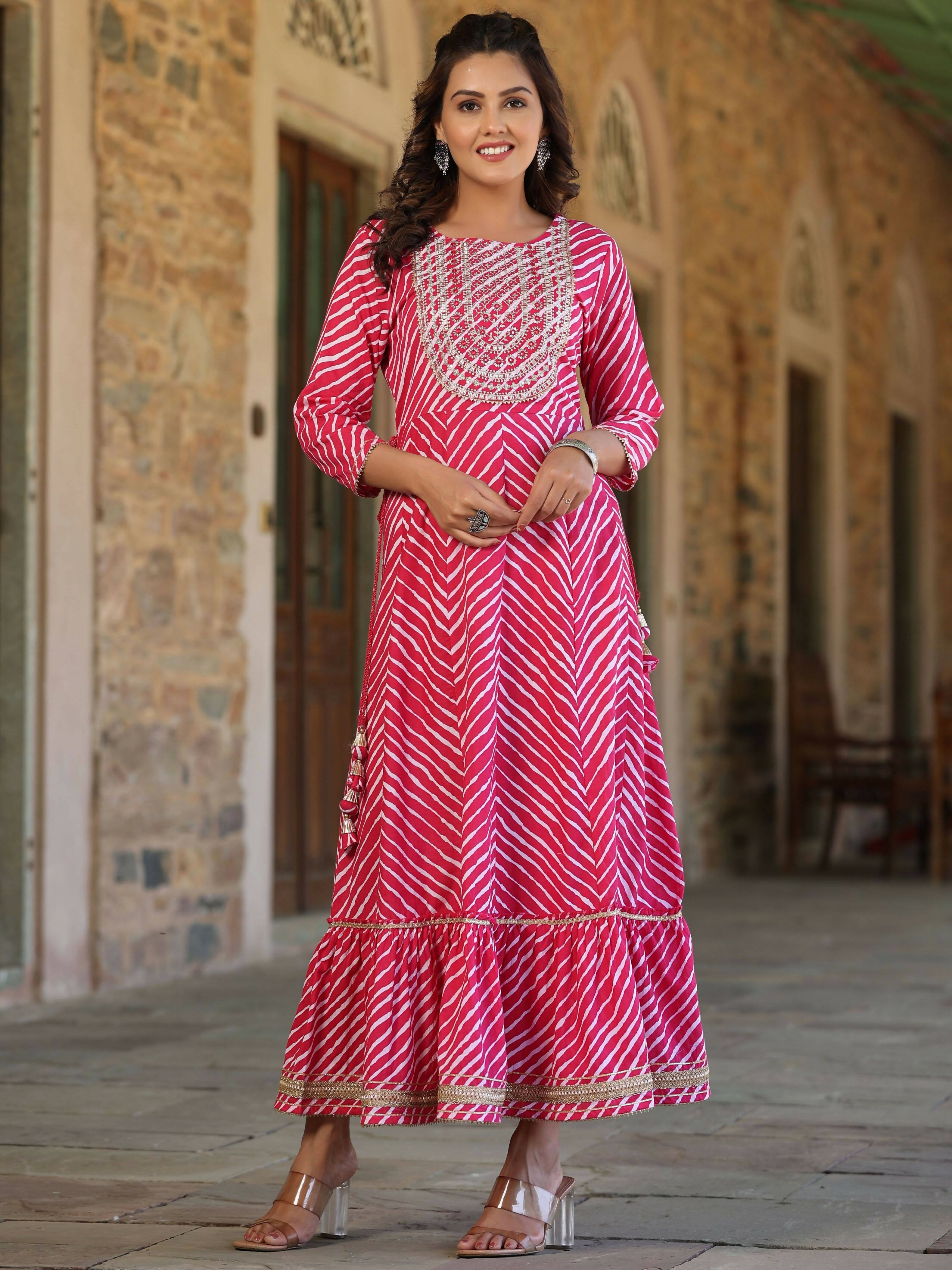 Juniper Women's Fuschia Printed Embroidered Mirror Work Sequin Cotton Flared Dress