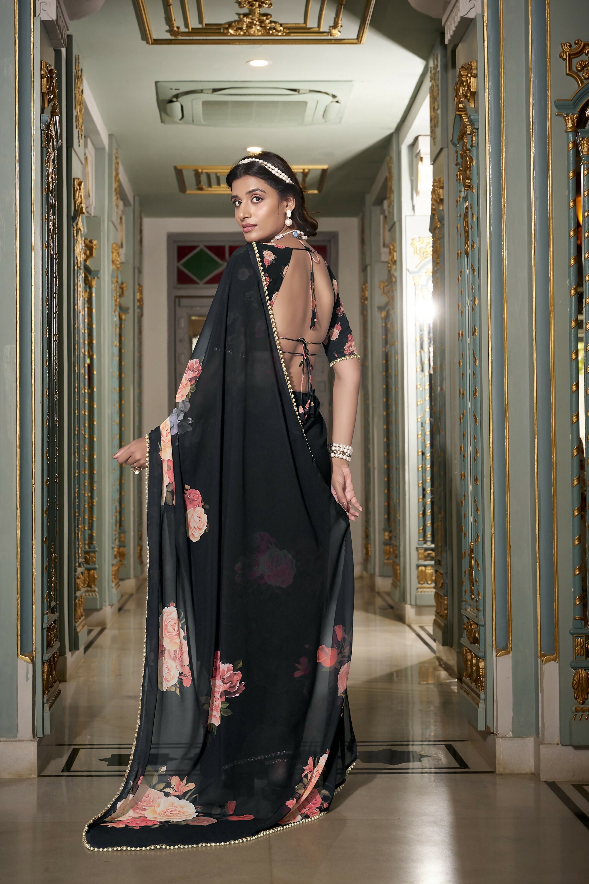 Vastranavya Black Spectacular Georgette Printed with Pearl Lace Saree with Unstitched Blouse
