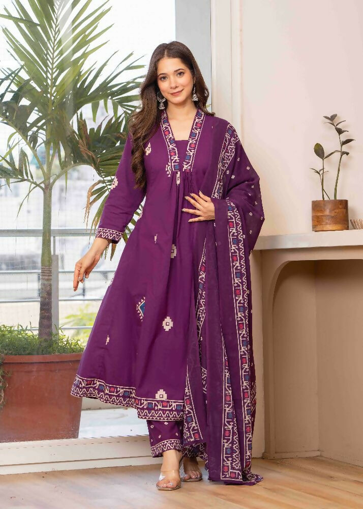 Jaimini Women Cotton Printed V-Neck 3/4 Sleeves Calf Length Flared Kurta Pant And Dupatta Set
