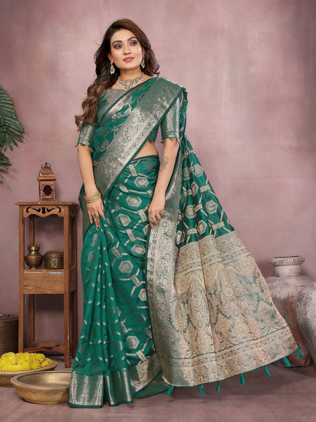 Aastha Fashion Light Green Soft Organza Silk Weaving Saree