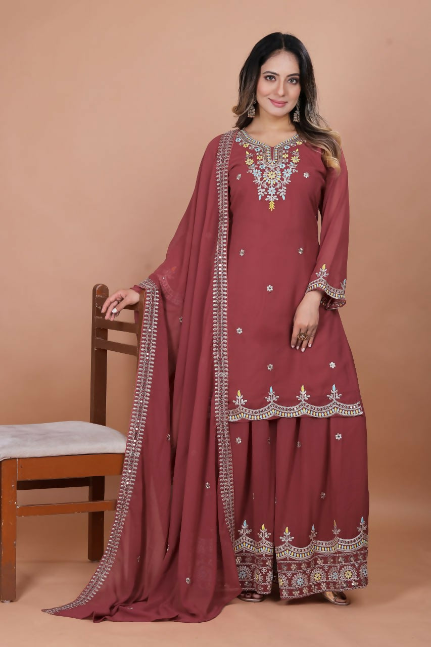 Joban Fashion Maroon Georgette Embroidered Sharara Set