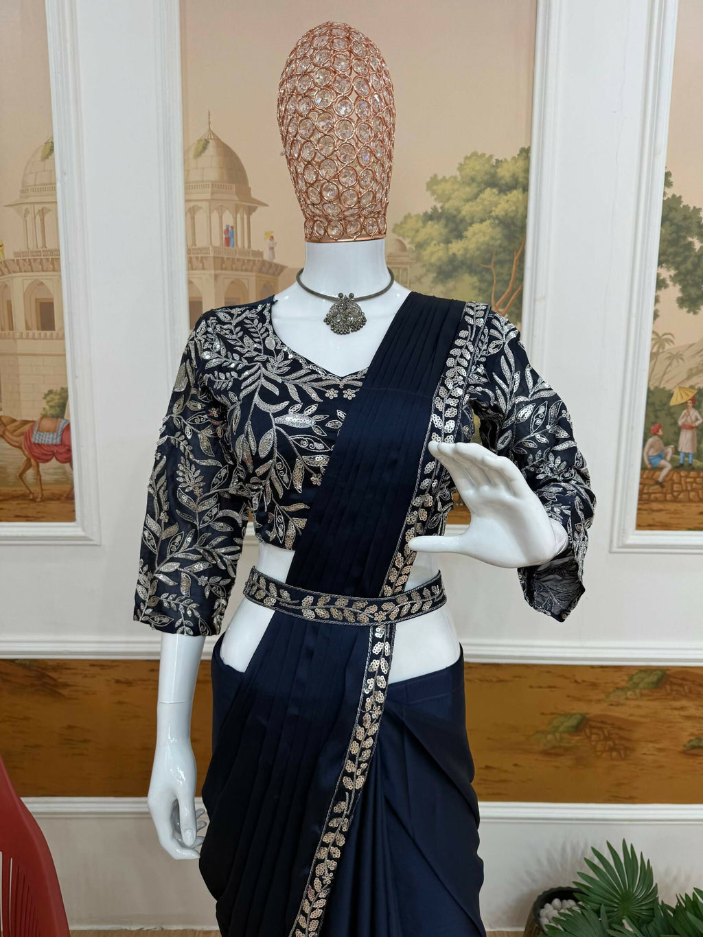 Teeya Creation Dark Blue Color Rangoli Silk Trending Ready To Wear Saree With Belt