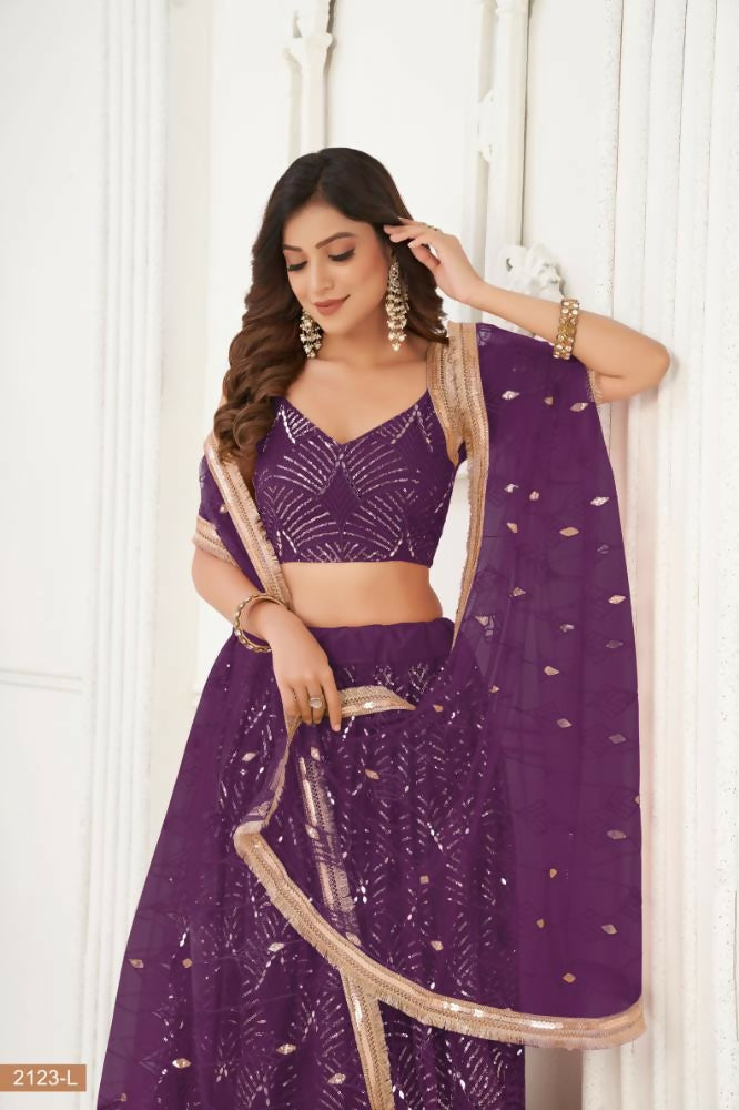 Aastha Fashion Wine Butterfly Net Tone To Tone Thread Work, Sequence Work And Original Mirror Work Embroidery Wedding Wear Lehenga Choli