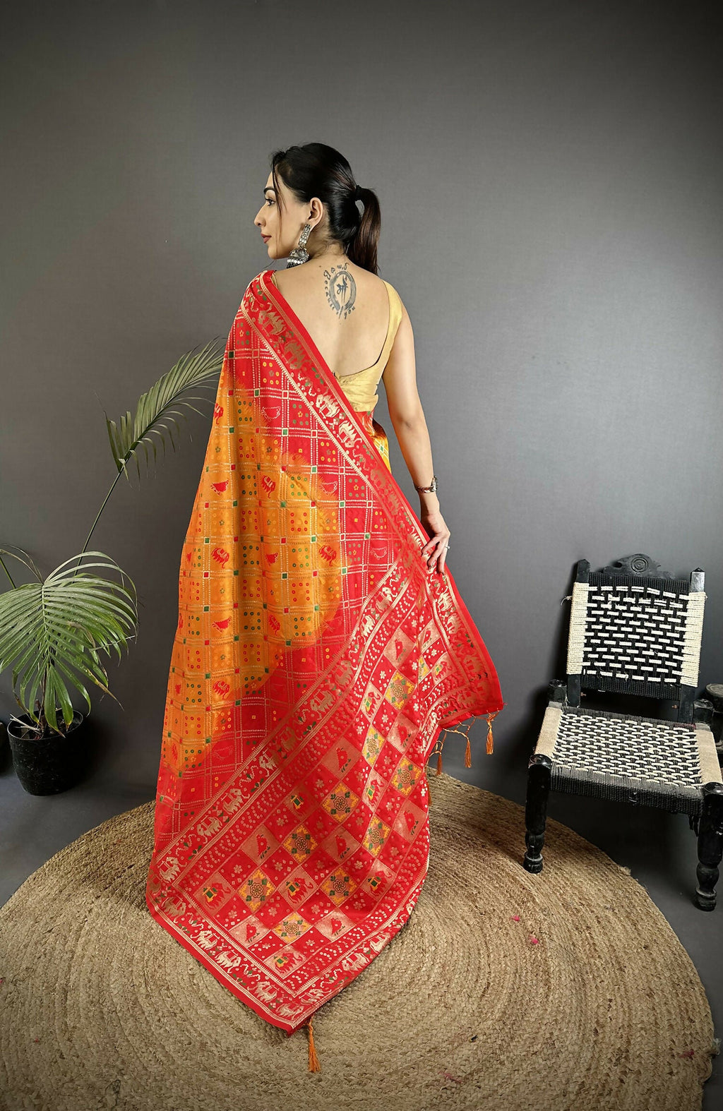 Joban Fashion Yellow And Red Geometric Pattern Soft Silk Patola Saree