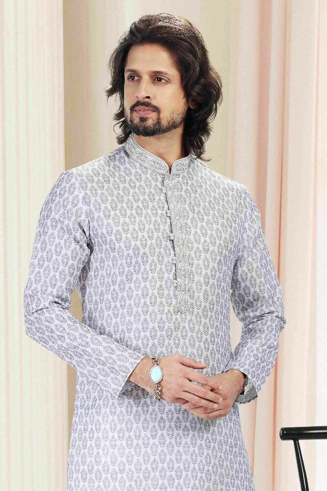 Raivat Ethnic Cotton Thread Work Kurta Pajama In Grey Colour