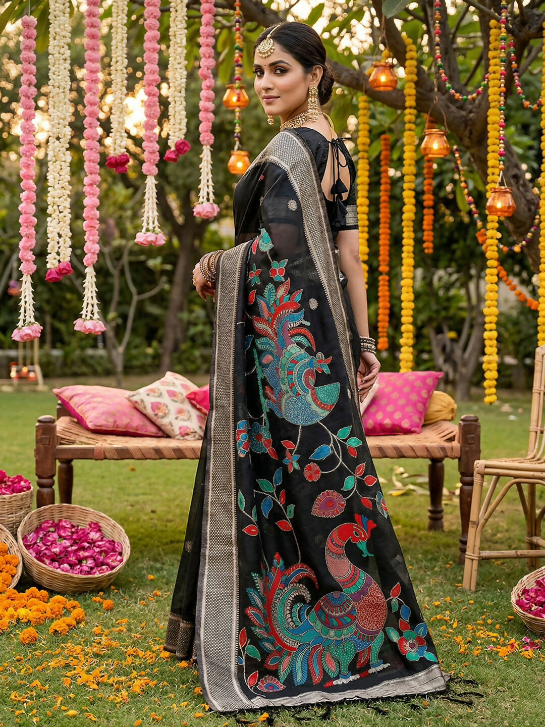 Shree Shyam Fashion Black Linen Cotton Saree