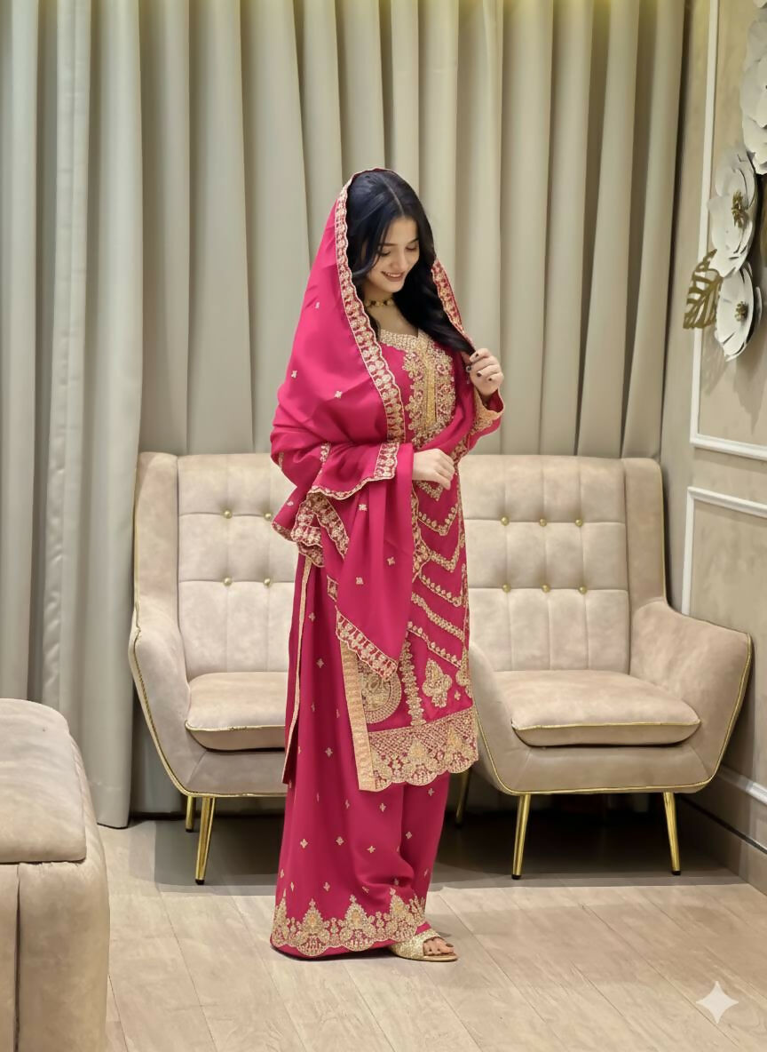 Teeya Creation Rani Color Chinon Silk Party Wear Trending Palazzo Set