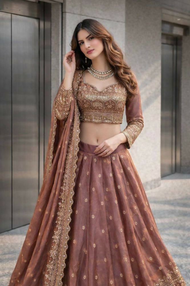 Teeya Creation Onion Color Fendy Satin Heavy Embroidery Work Wedding Wear Stitched Lehenga Choli