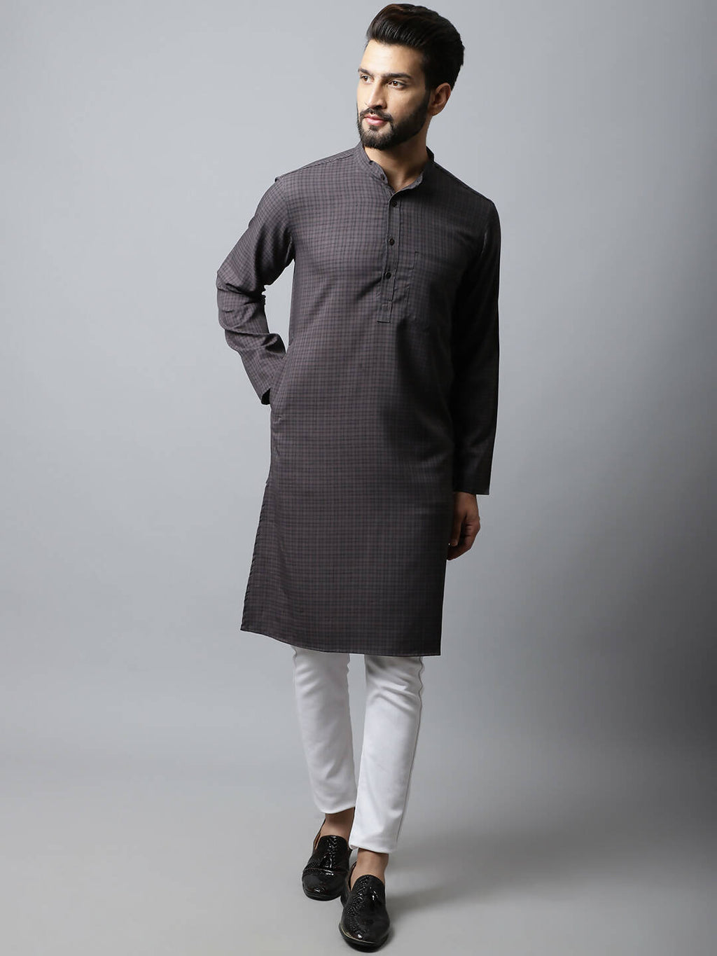 Even Apparels Black Color Pure Cotton Men's Kurta With Band Collar (CHK1166)