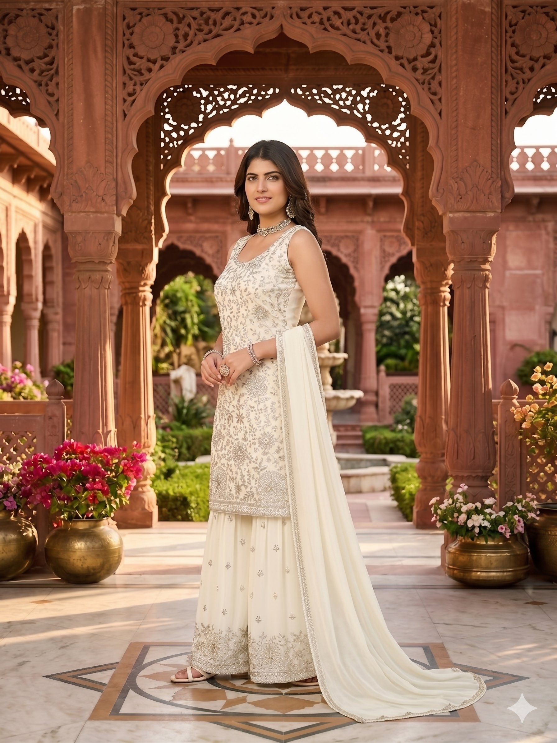 Teeya Creation Womens New Designer Georgette White Embroidered Sharara Set With Sequence Work And Lace Border Dupatta