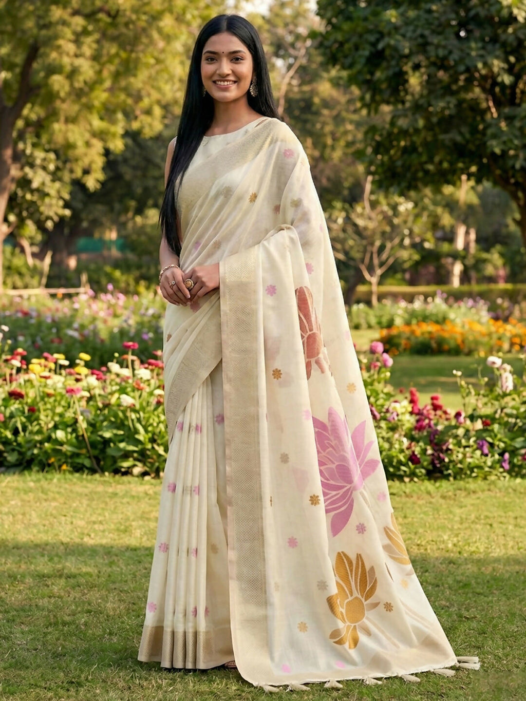 Shree Shyam Fashion White Linen Cotton Saree