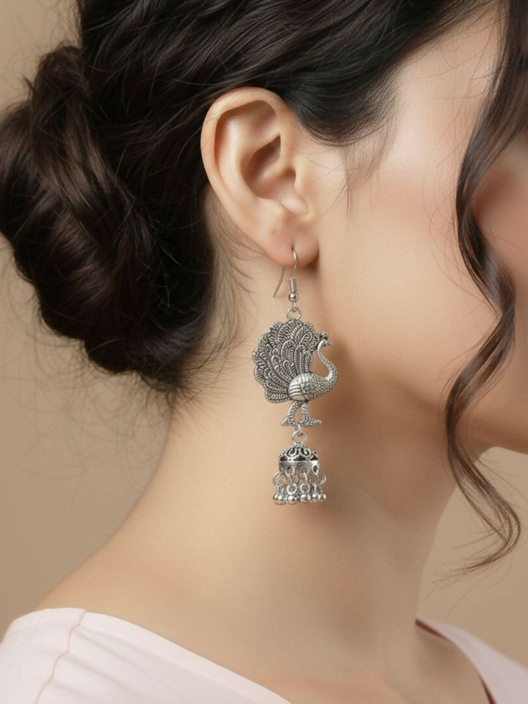NVR Women Peacock Design German Silver Oxidised Jhumka Earrings