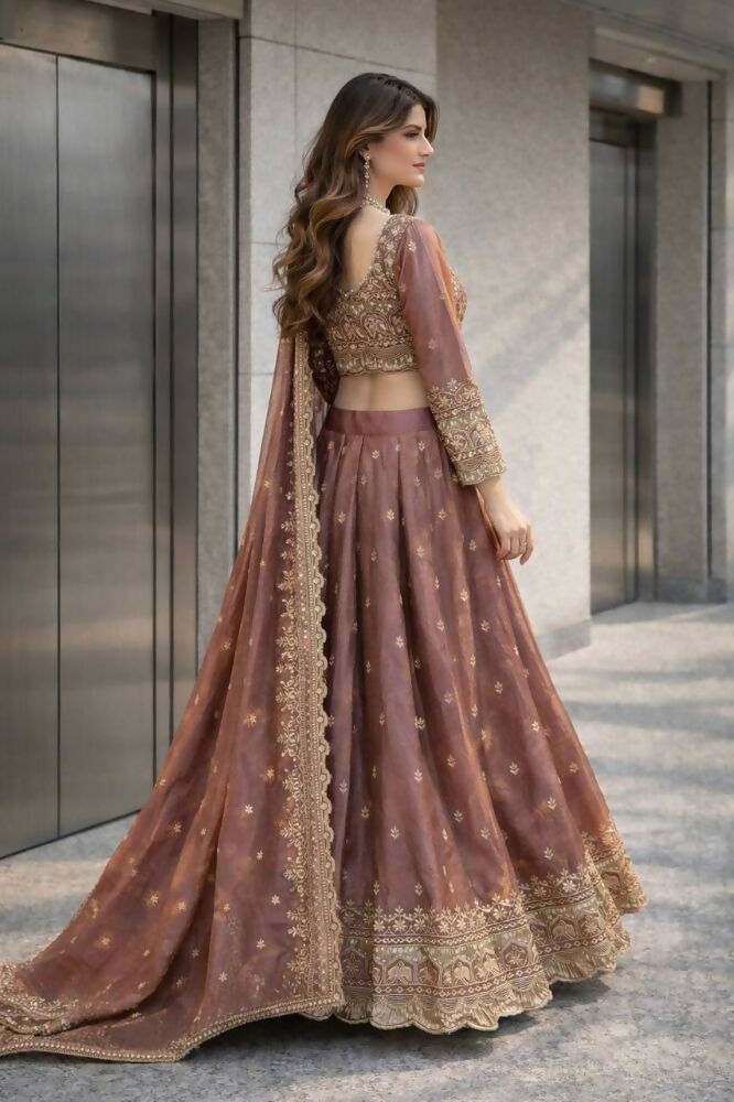 Teeya Creation Onion Color Fendy Satin Heavy Embroidery Work Wedding Wear Stitched Lehenga Choli