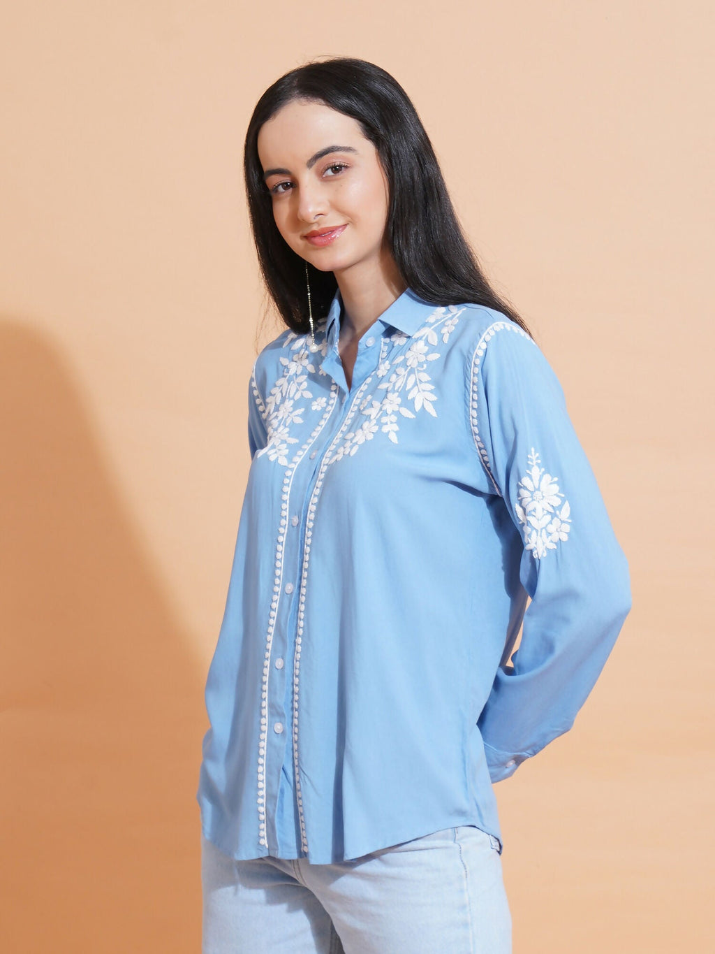 Pahnaz Modal Chikankari Handwork Shirt-Blue