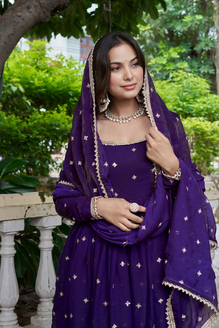 Lehenga Mart Designer Anarkali Suit With Kurta, Pant, Dupatta For Women-Violet