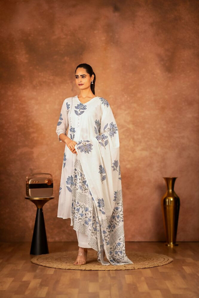 Joban Fashion Off White Blue Hand Block Printed Cotton Suit Set