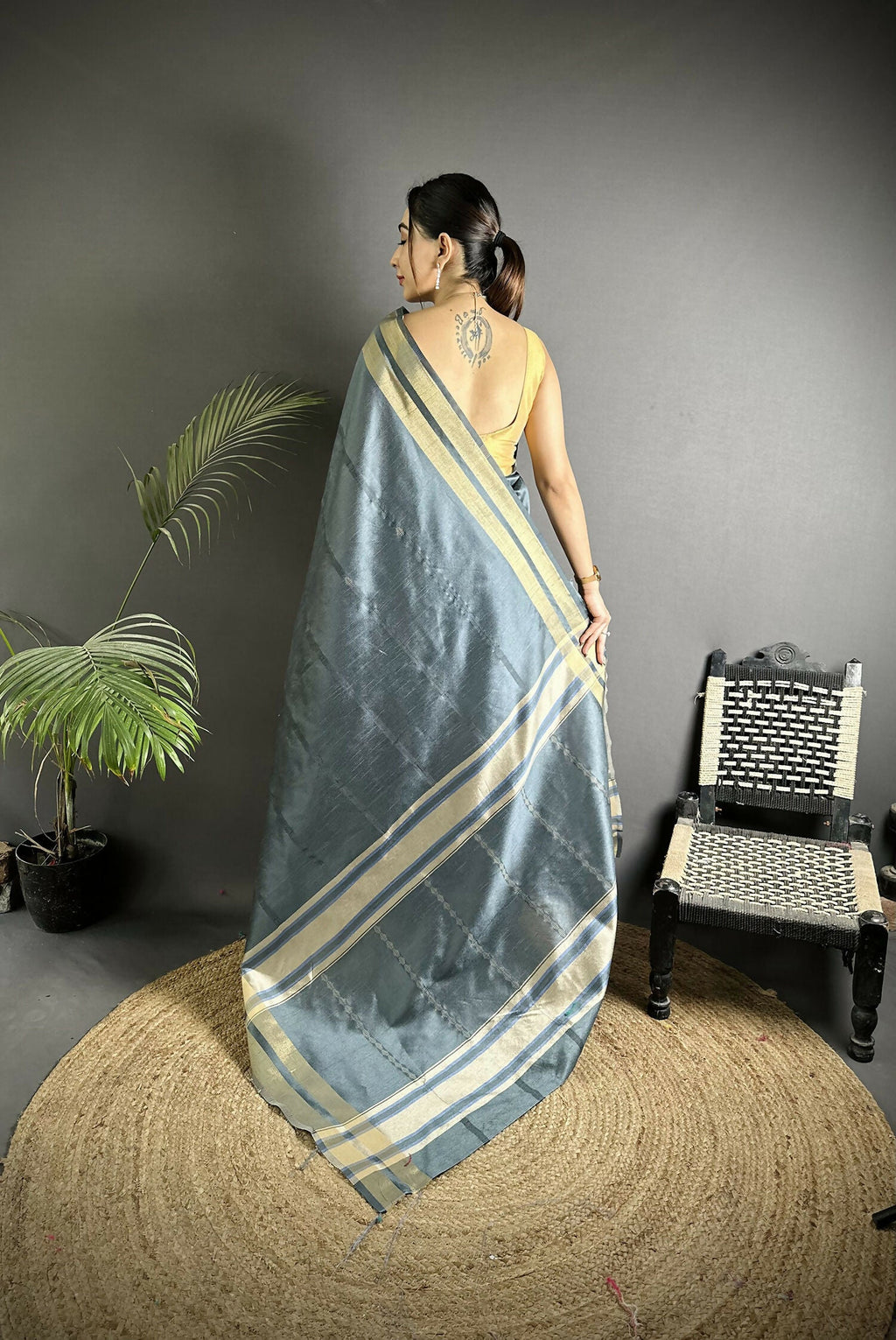 Joban Fashion Dark Grey Woven Pattern Raw Silk Kanjivaram Silk Saree