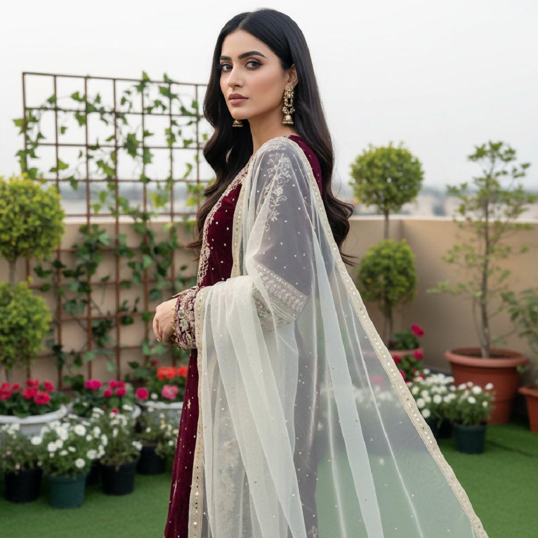 Joban Fashion Maroon Kurta Set Velvet Embroidery Sequence Work
