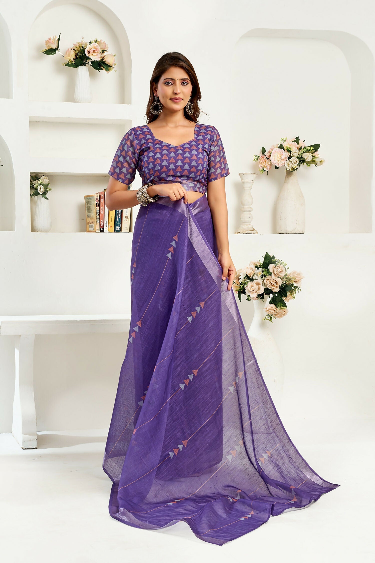 Joban Fashion Purple Geomatric Linen Ready To Wear Saree With Unstitched Blouse