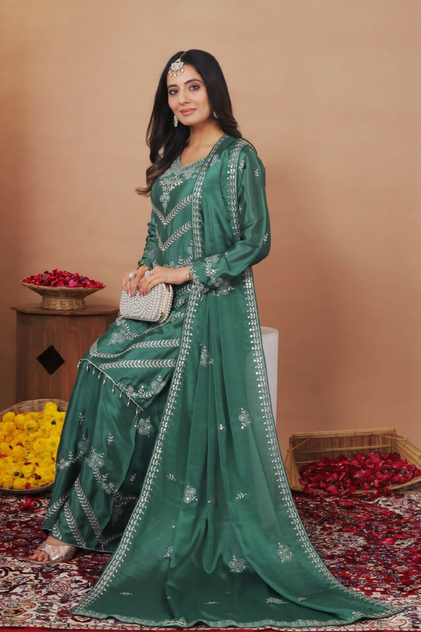 Teeya Creation Green Color Chinon Silk Wedding Wear Trending Palazzo Set