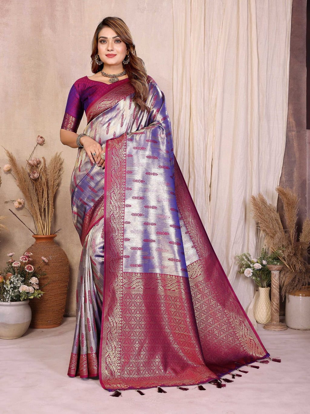 Aastha Fashion Purple Tissue Silk Paithani Woven Saree