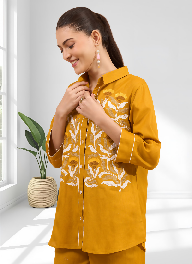 Joban Fashion Mustard Cotton, Linen Embroidered Readymade Cord Set
