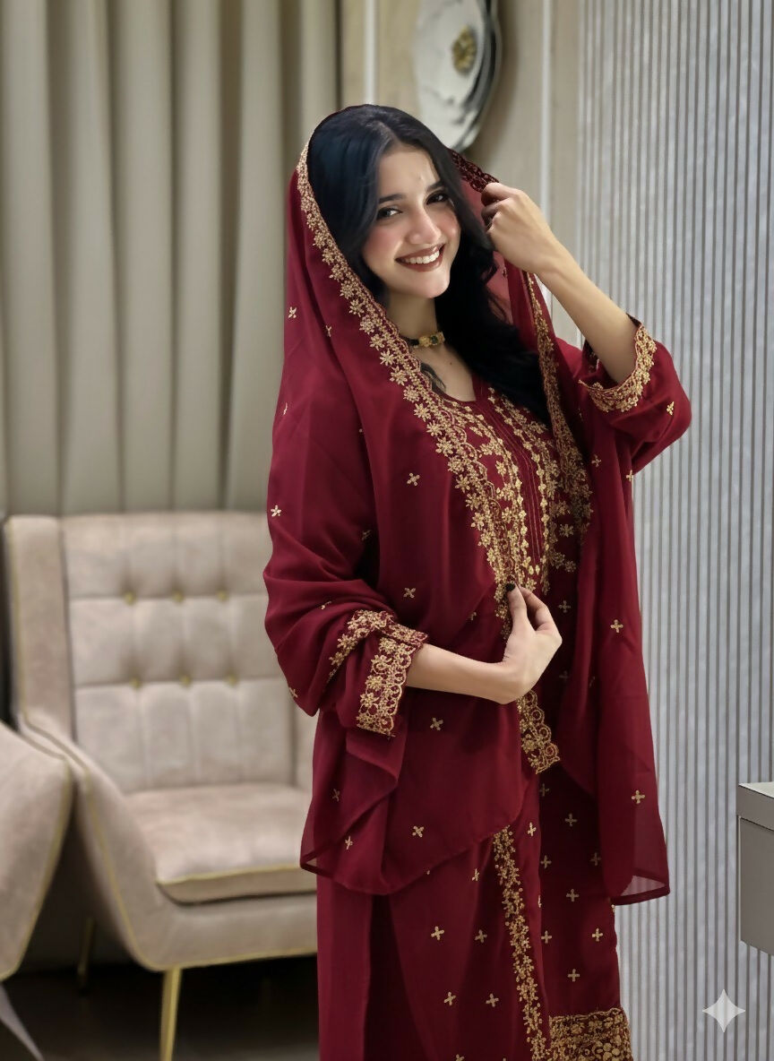 Teeya Creation Maroon Color Faux Georgette Embroidery Work Party Wear Salwar Suit