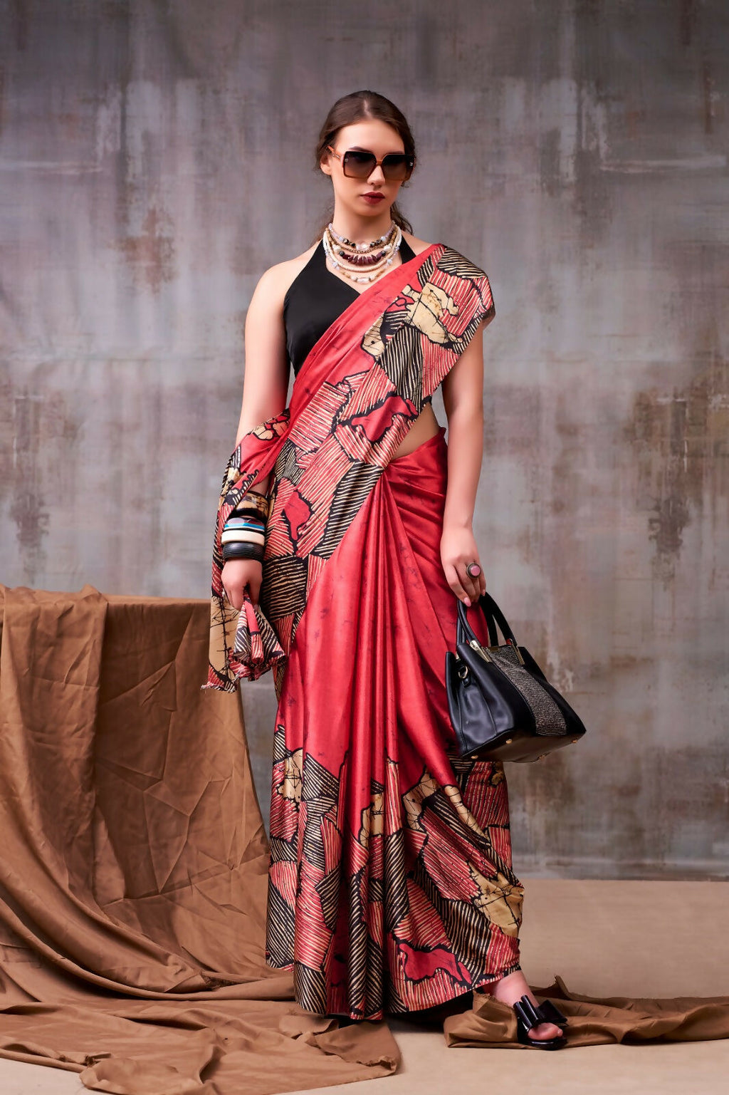Vastranavya Red Satin Silk Printed Saree with a Natural Silk Unstitched Blouse