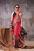 Vastranavya Red Satin Silk Printed Saree with a Natural Silk Unstitched Blouse