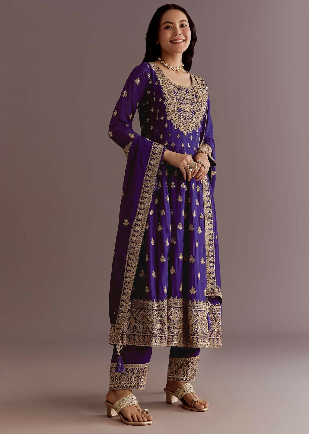 Teeya Creation Purple Color Chinnon Silk Embroidery Work Gown