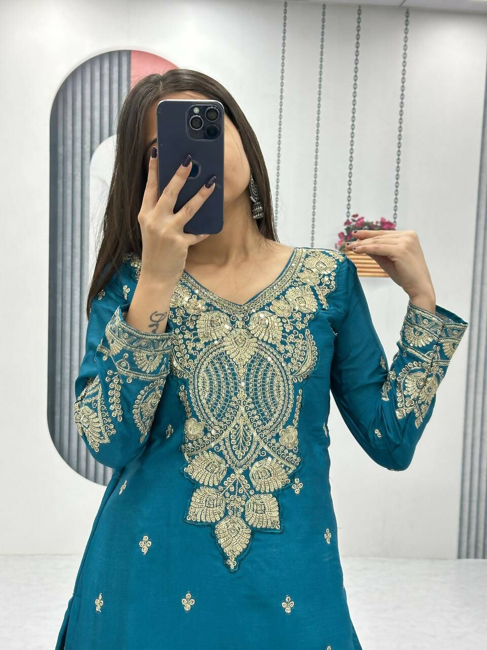 Teeya Creation Womens New Wedding Wear Heavy Embroidery Thread Work Teal Kurta Set