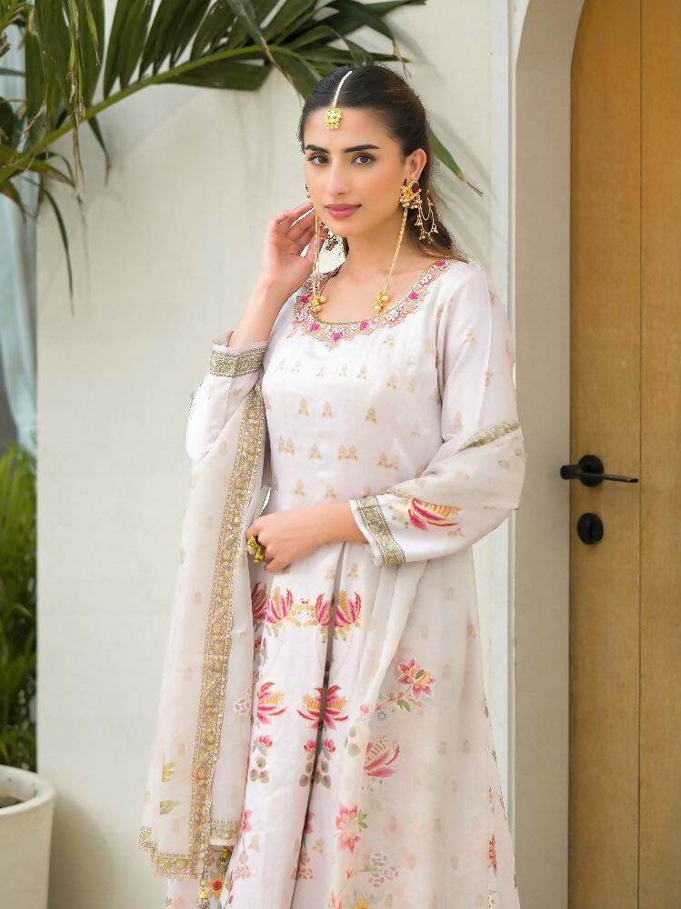 Functional Designer Off white Jam Silk Anarkali suit with Dupatta-Anbazaar