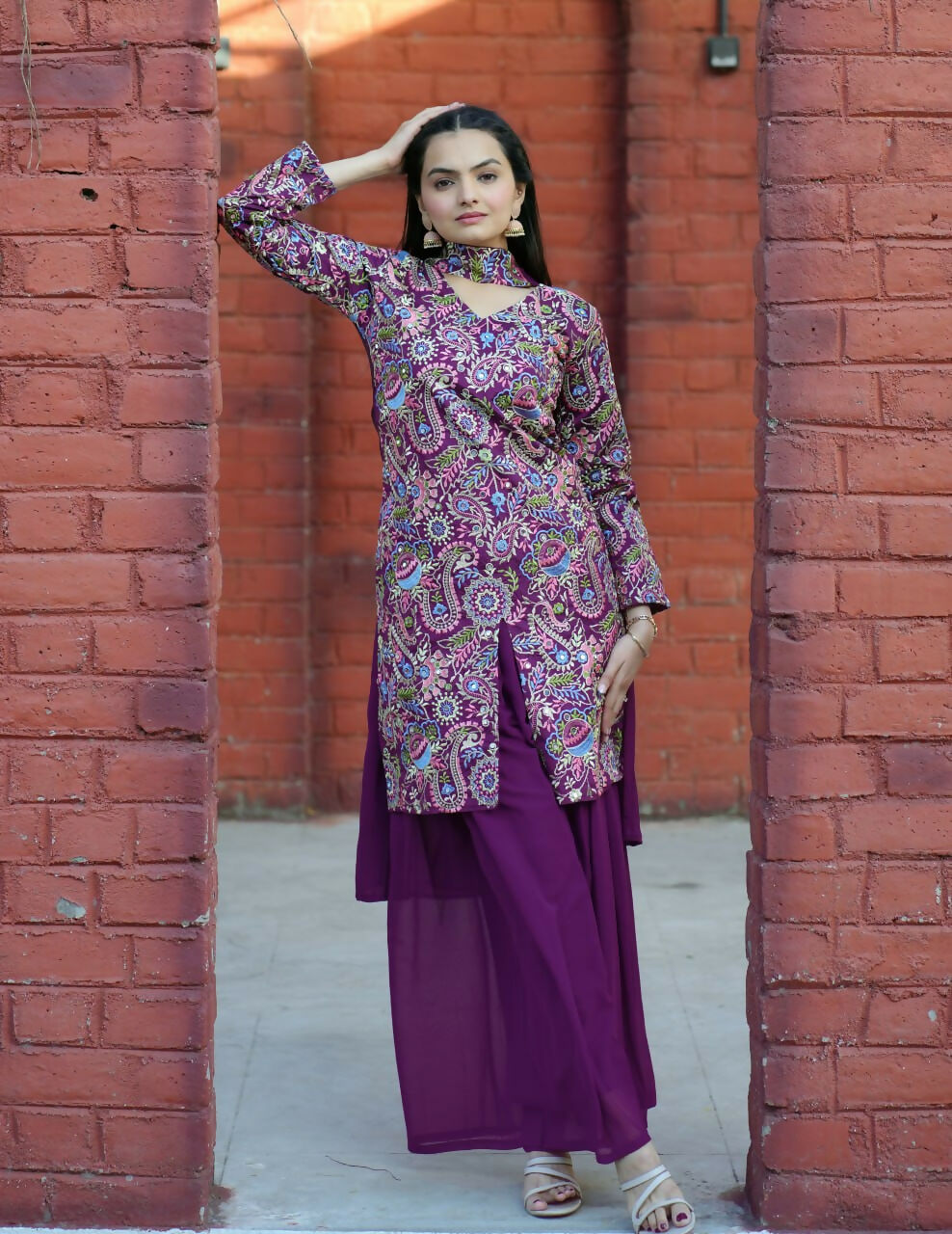 Joban Fashion Wine Silk Embroidered Sharara Set