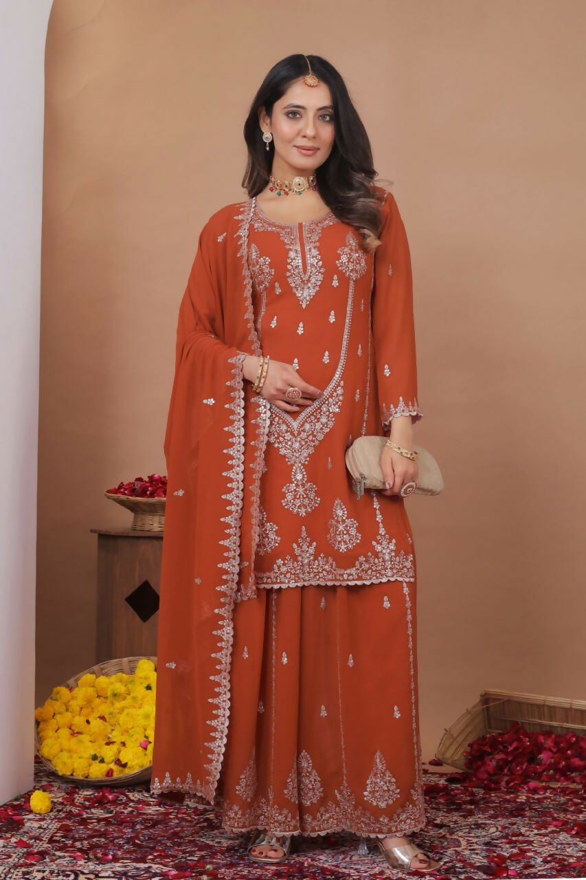 Joban Fashion Dark Orange Georgette Embroidered Sharara Set