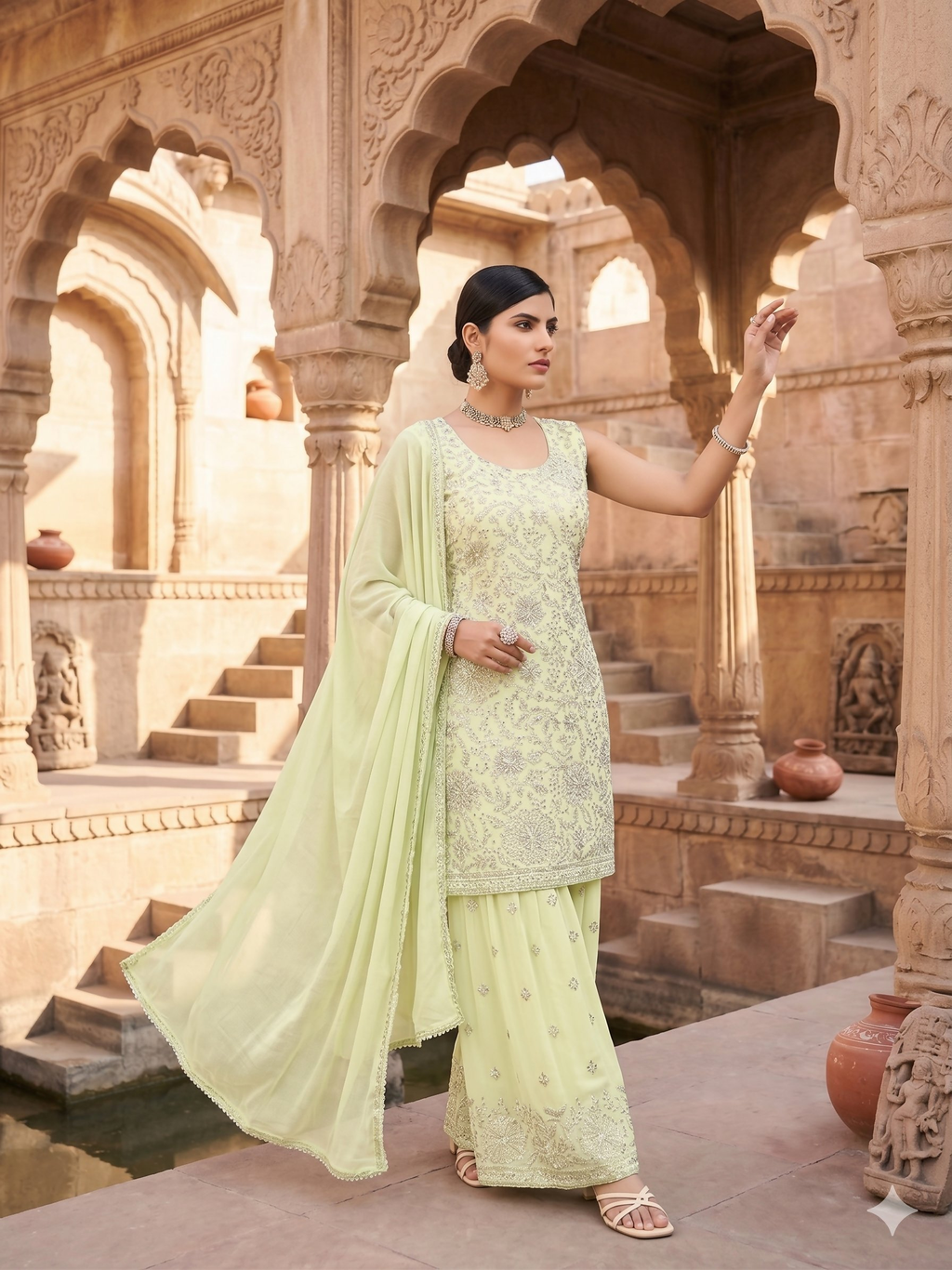Teeya Creation Womens New Designer Georgette Green Embroidered Sharara Set With Sequence Work And Lace Border Dupatta