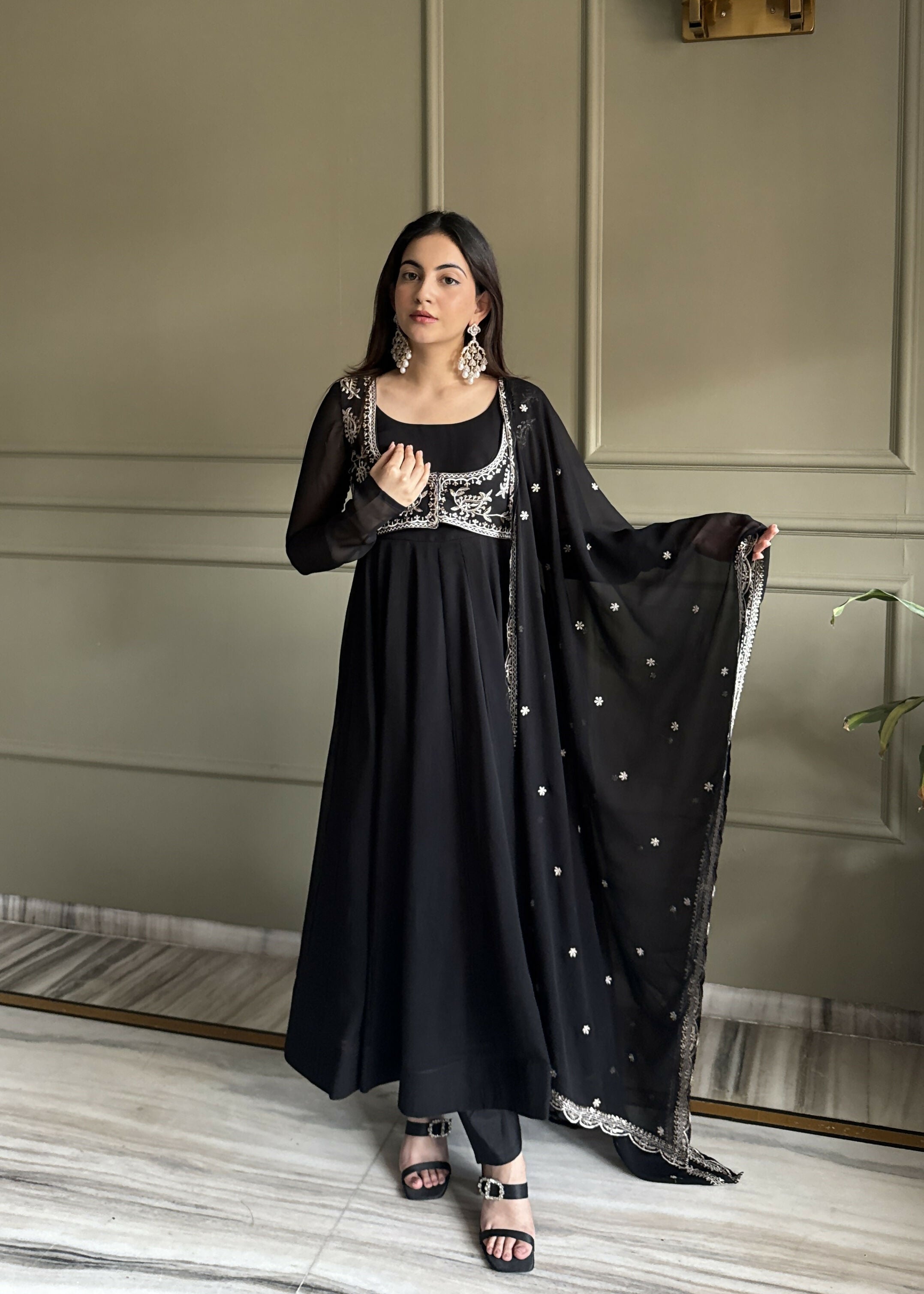 Teeya Creation Black Color Faux Georgette Heavy Embroidery Work Functional Wear Long Gown