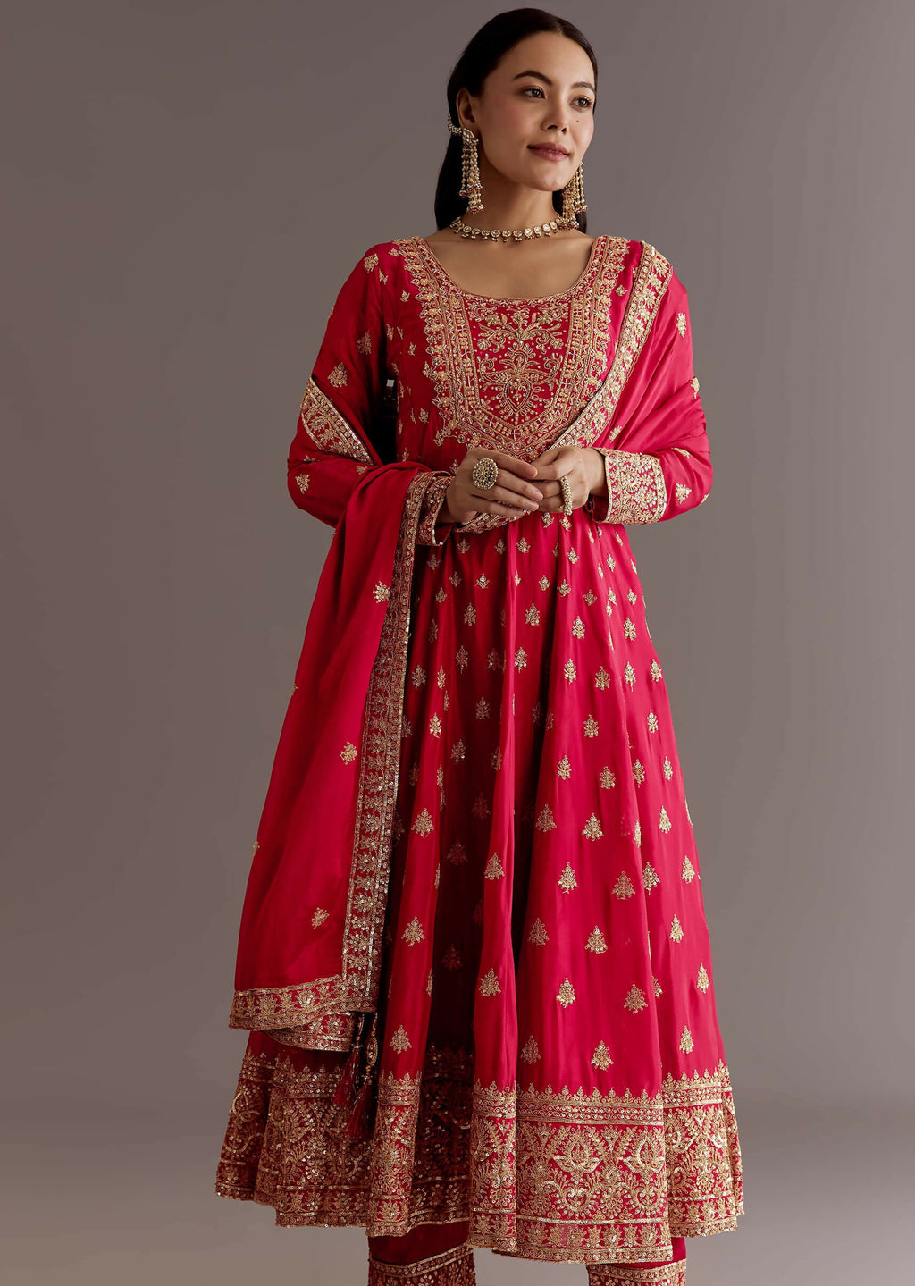 Teeya Creation Red Color Chinnon Silk Embroidery Work Gown
