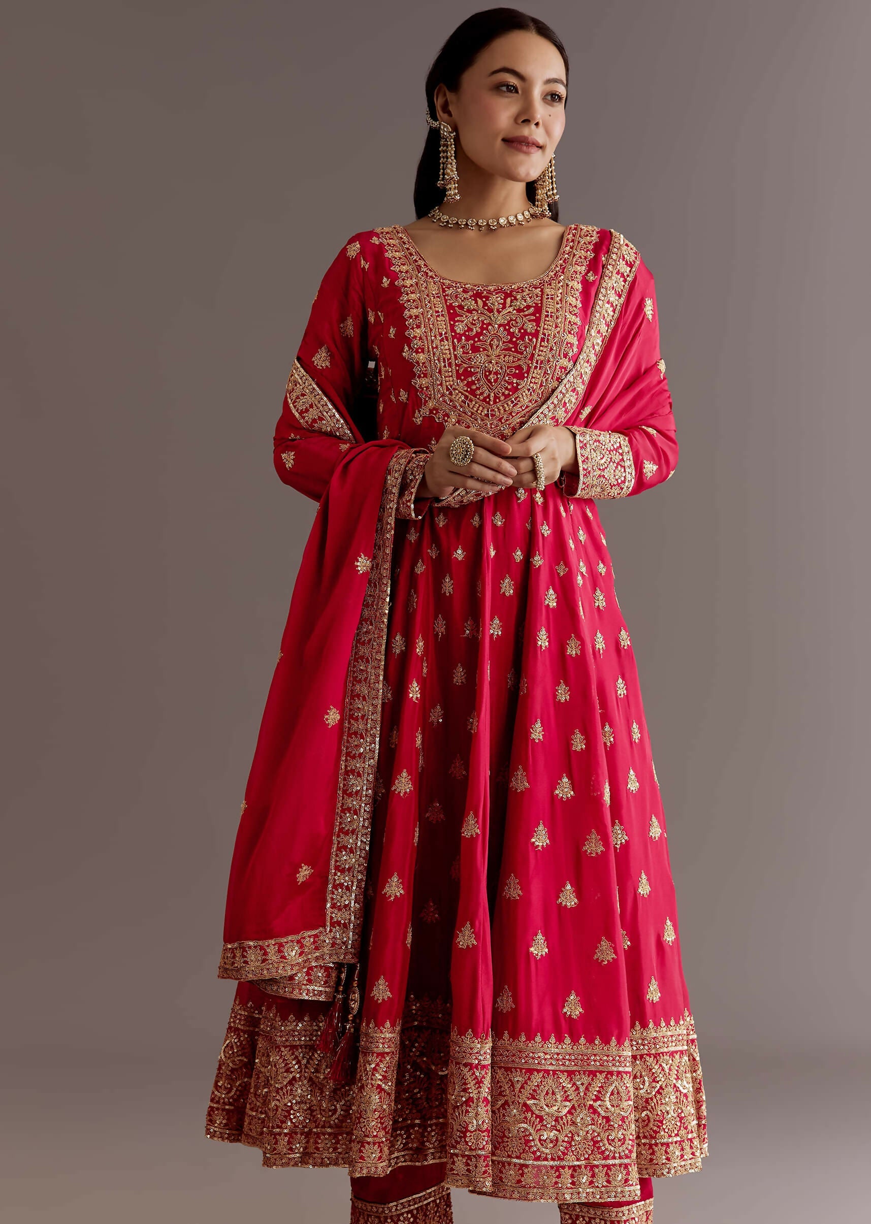 Teeya Creation Red Color Chinnon Silk Embroidery Work Gown