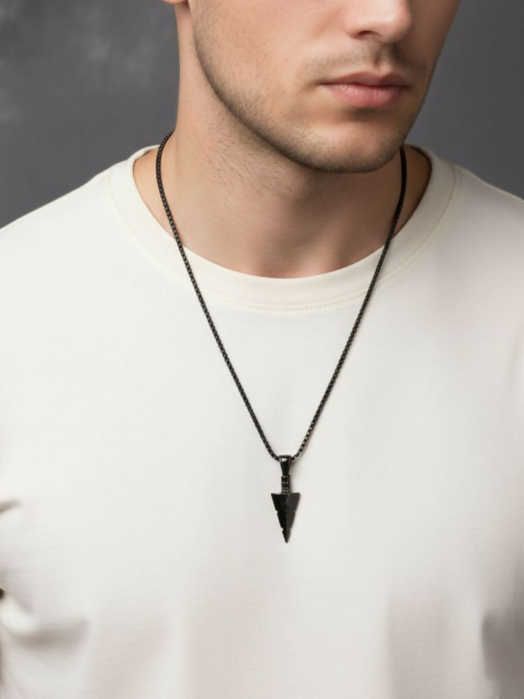 NVR Men's Black Arrow Shaped Rhodium Plated Pendant with Chain